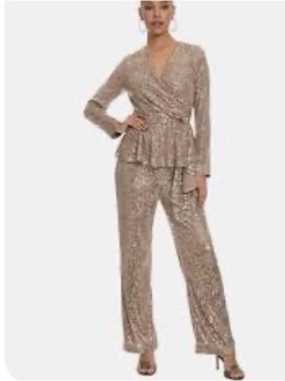 Sequin Wrap Blouse & pull-up Wide-Leg Pant Set gold color